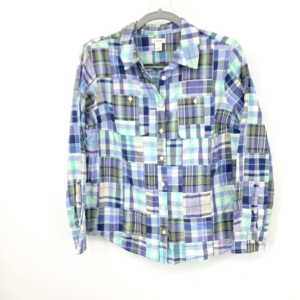 LL Bean Women Size Small Petite SP Shirt Button Down Top Blue Madras Plaid Patch